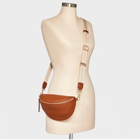 NWT Crossbody Brown Semi-Circle Bag W/ Tan Strap - Picture 8 of 8